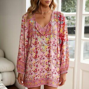 Lucky Brand Ethnic Floral Printed Cotton LIghtweight Embroidered Tunic Size S